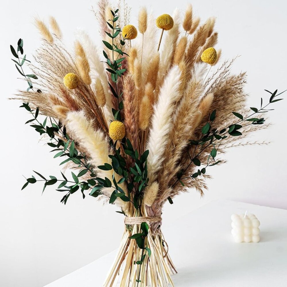 New Boho Dried Flowers Bouquet Olive Green Pampas Rustic Floral Home Decorations